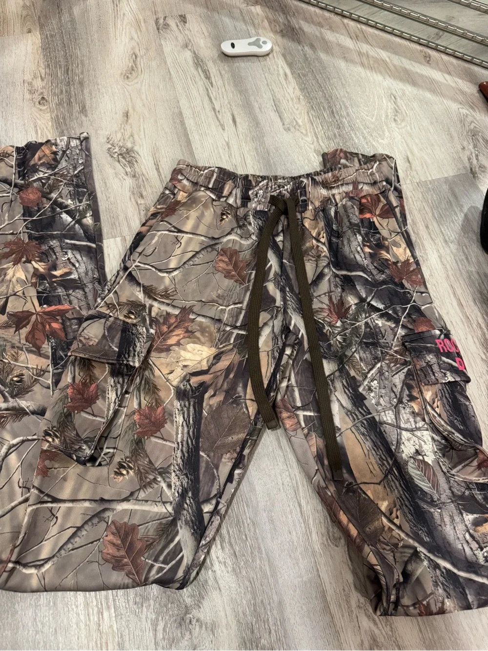 Women's Camo Cargo Pants in Brown with Pink Logo - Picture 2 of 5